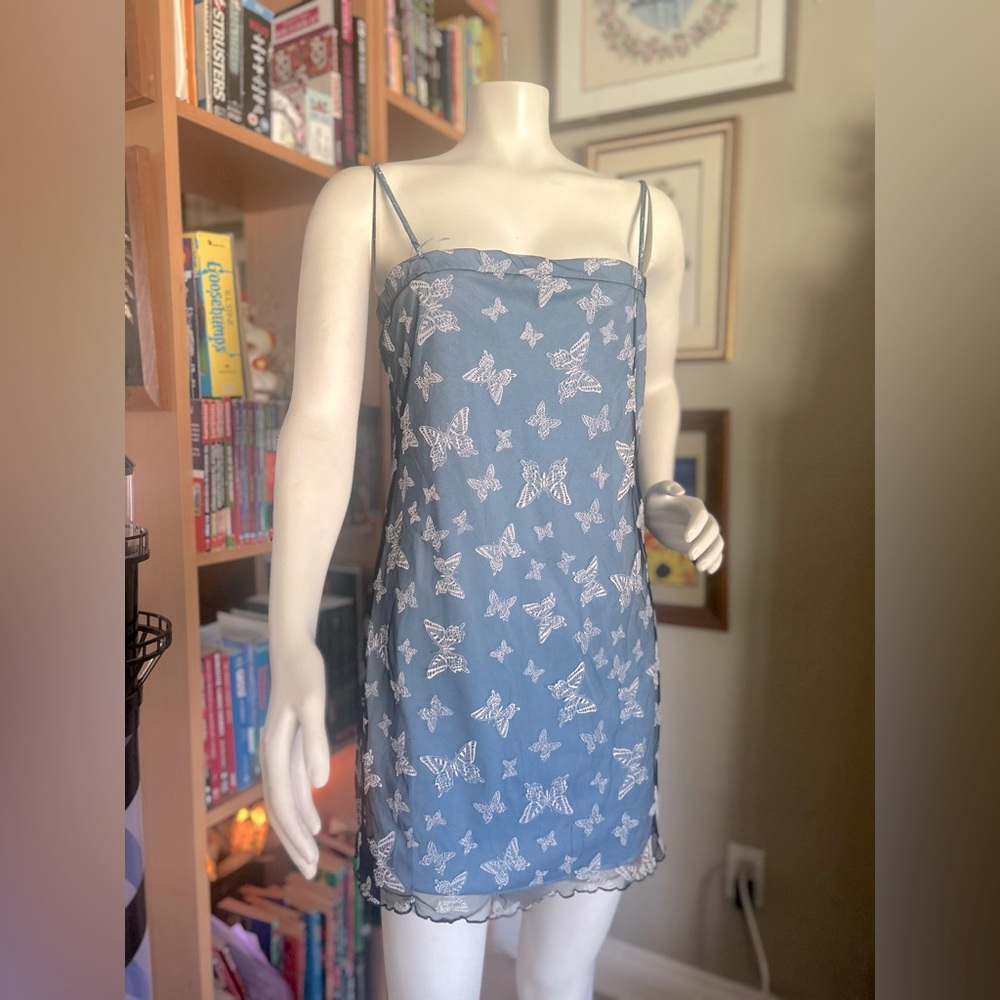 Y2k 2000s Butterfly Mesh Mini Dress | Sheer Overlay MEDIUM. Vintage
